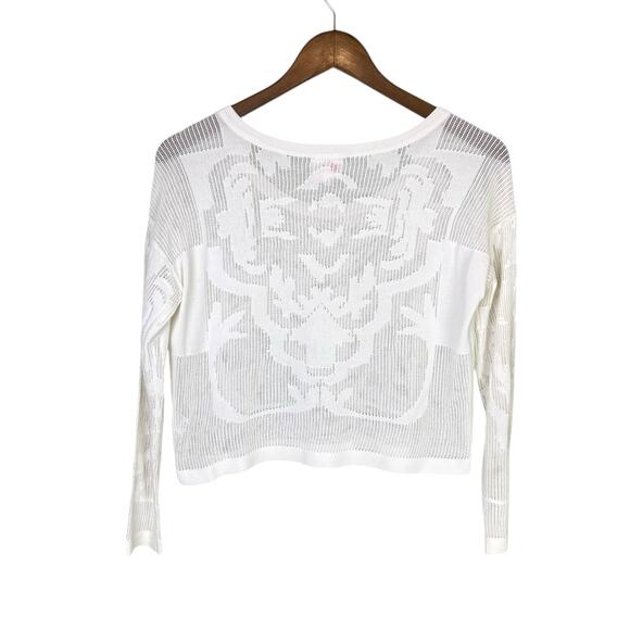 Parker White Sheer Long Sleeve Scroll Pattern Knit Layering Cropped Top Sweater - Picture 9 of 12